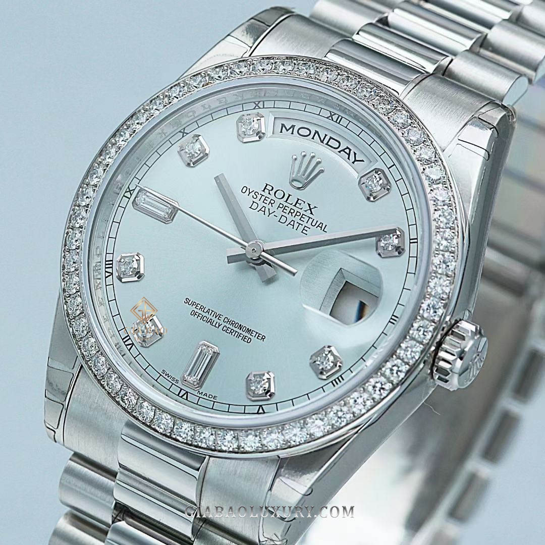 Đồng Hồ Rolex Day-Date 36 118346 Mặt Số Ice Blue Cọc Số Nạm Kim Cương