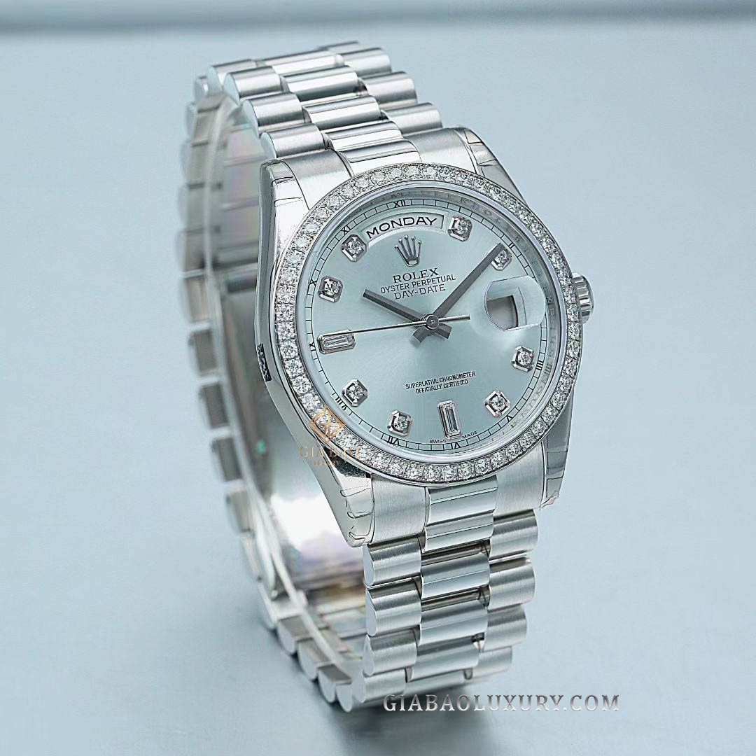Đồng Hồ Rolex Day-Date 36 118346 Mặt Số Ice Blue Cọc Số Nạm Kim Cương