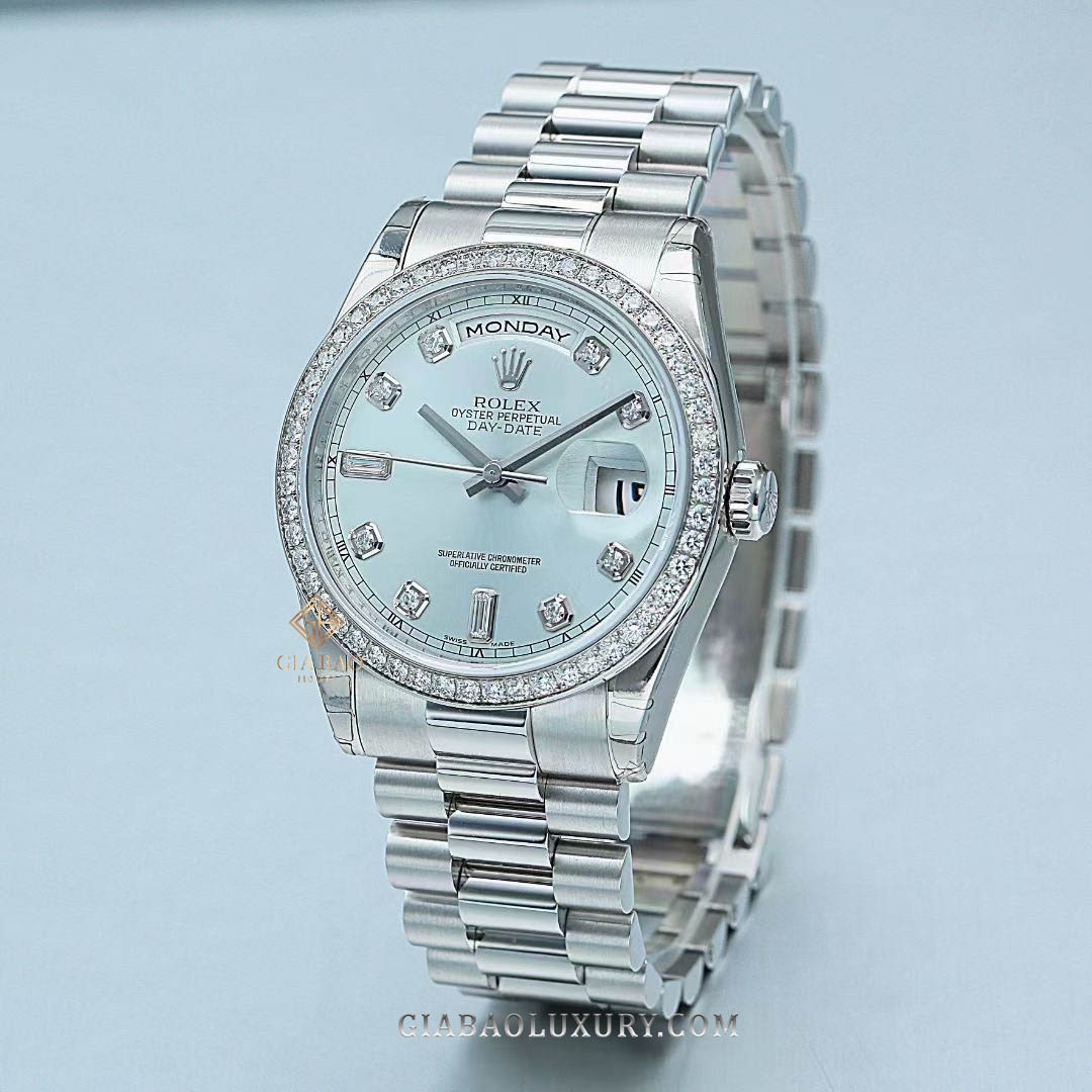 Đồng Hồ Rolex Day-Date 36 118346 Mặt Số Ice Blue Cọc Số Nạm Kim Cương