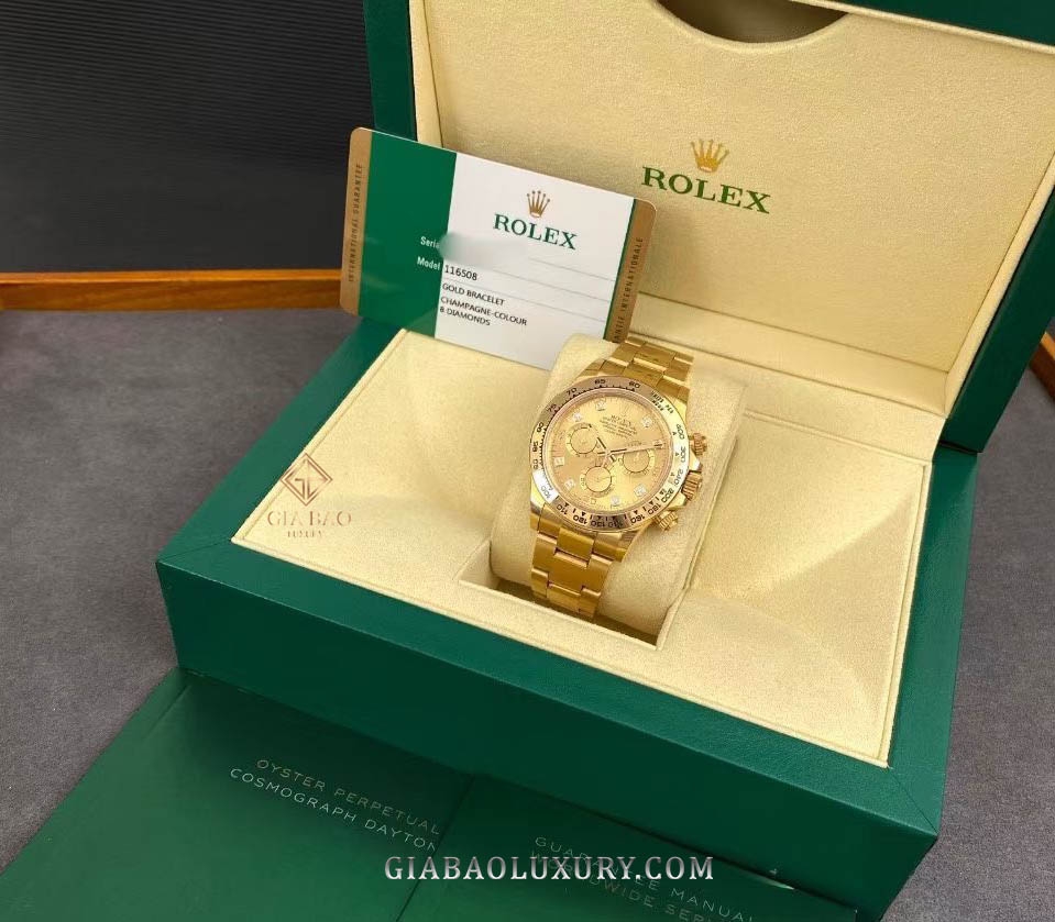 Đồng Hồ Rolex Cosmograph Daytona 116508 Mặt Số Vàng Champagne Cọc Số Kim Cương