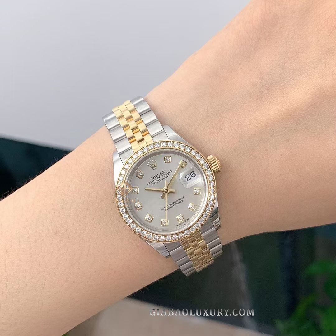 Đồng Hồ Rolex Lady-Datejust 28 279383RBR Mặt Số Bạc Nạm Kim Cương