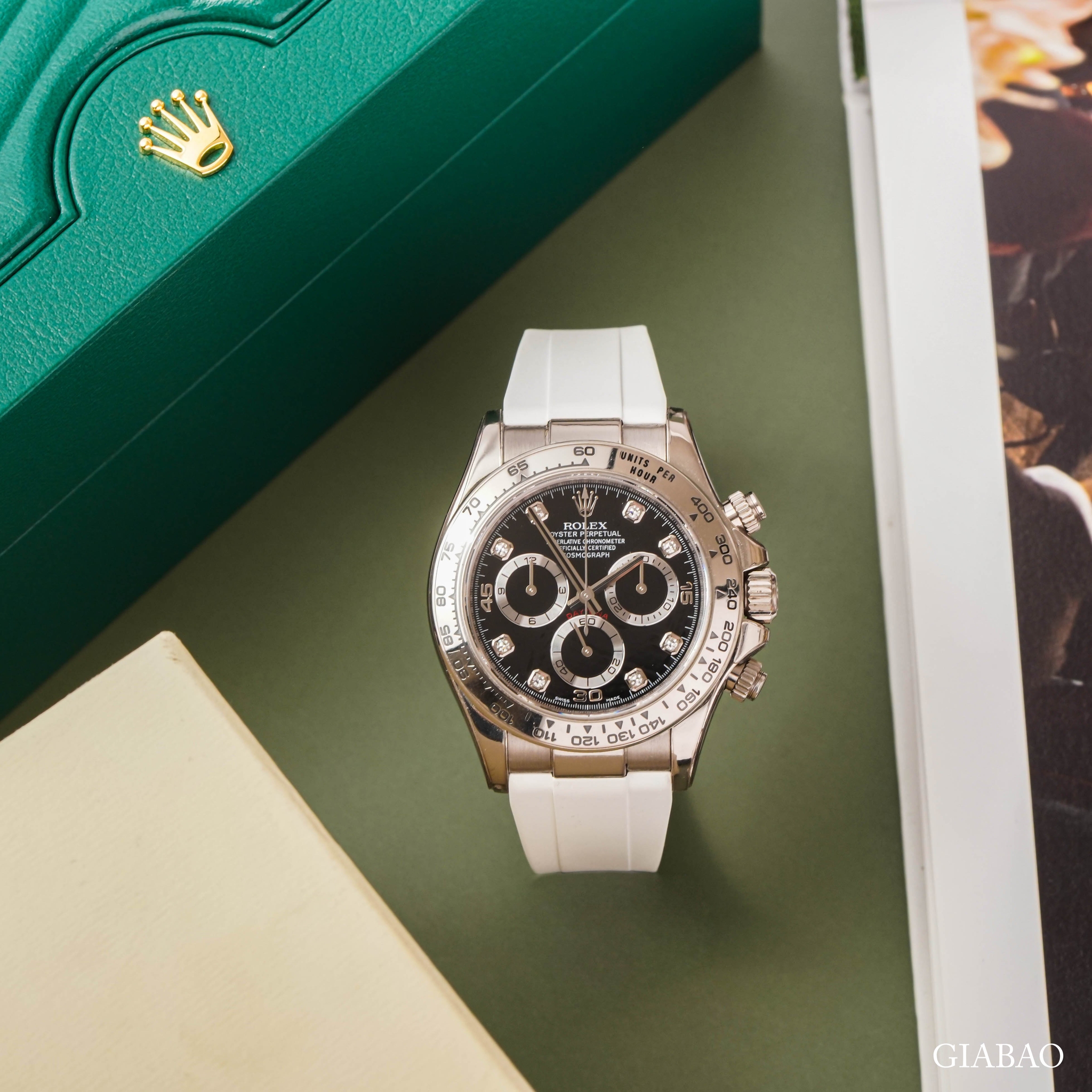 Đồng Hồ Rolex Cosmograph Daytona 116519G Mặt Số Đen Cọc Số Kim Cương