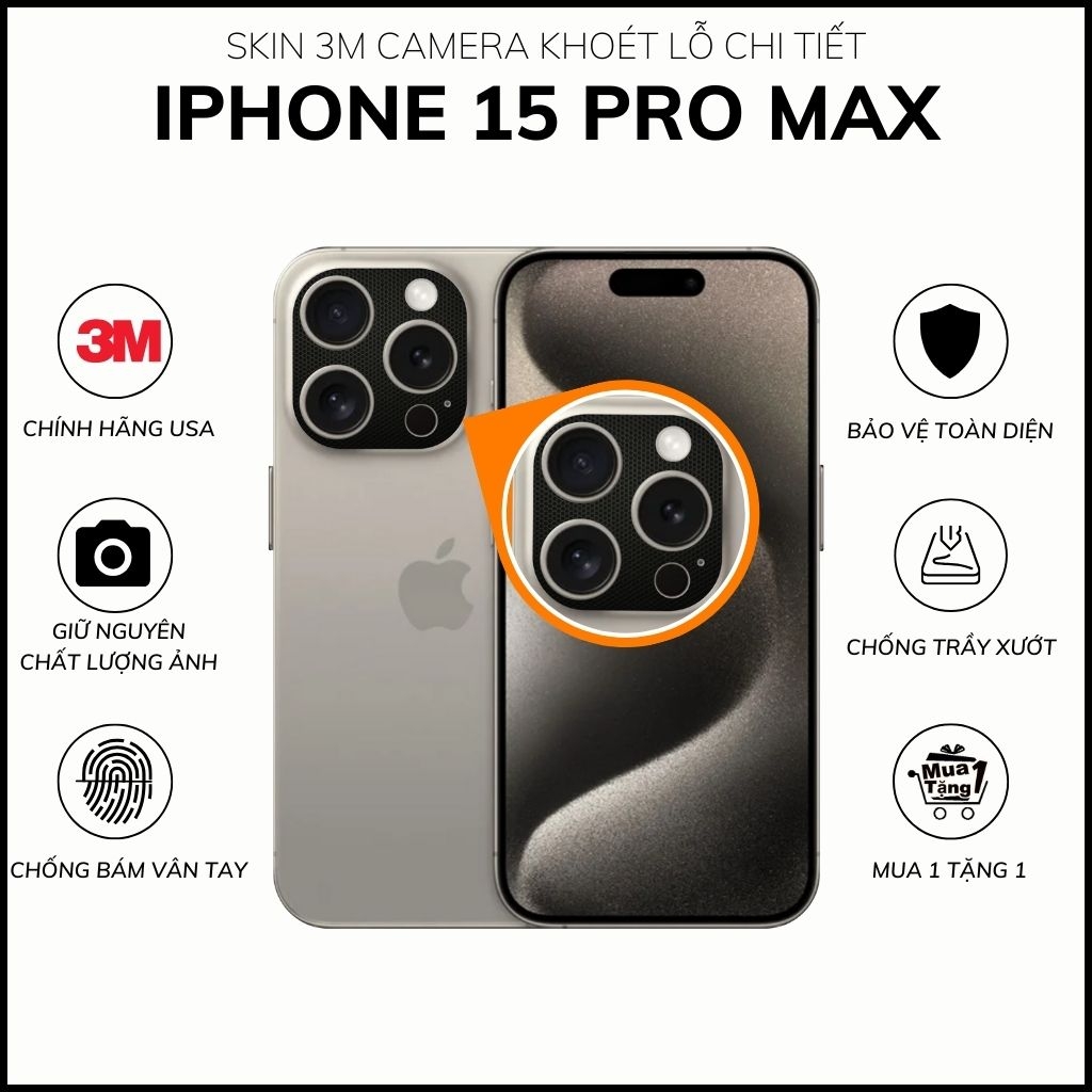 Miếng dán camera iphone 15 pro max skin 3m chính hãng từ USA chống trầy xướt mua 1 tặng 1 phụ kiện huỳnh tân store