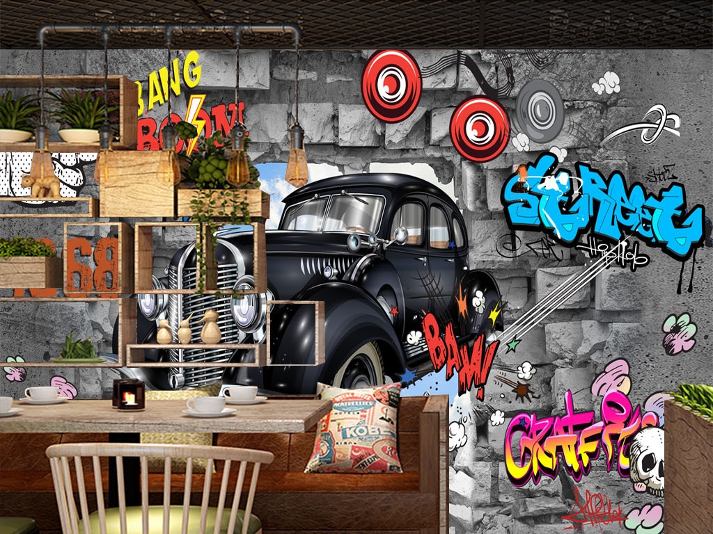 Tranh dán tường ô tô trang trí quán cafe ADHW160921