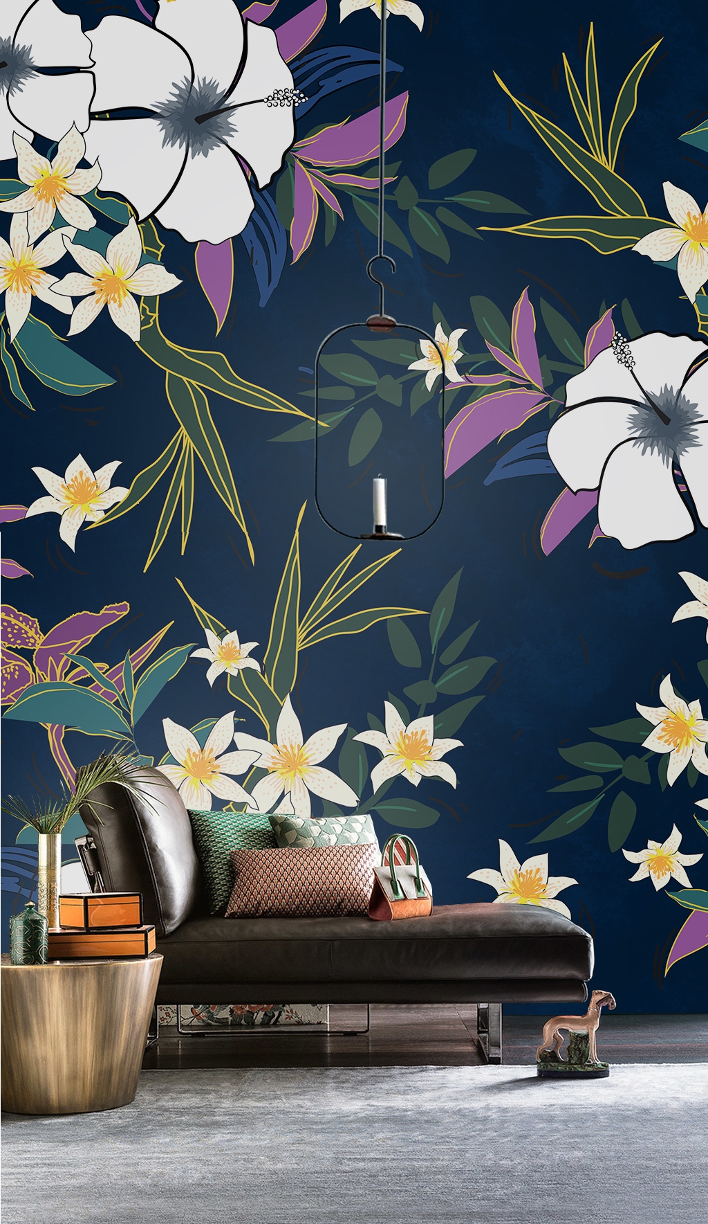 Tranh dán tường canvas màu xanh hình hoa lá ADHW160944