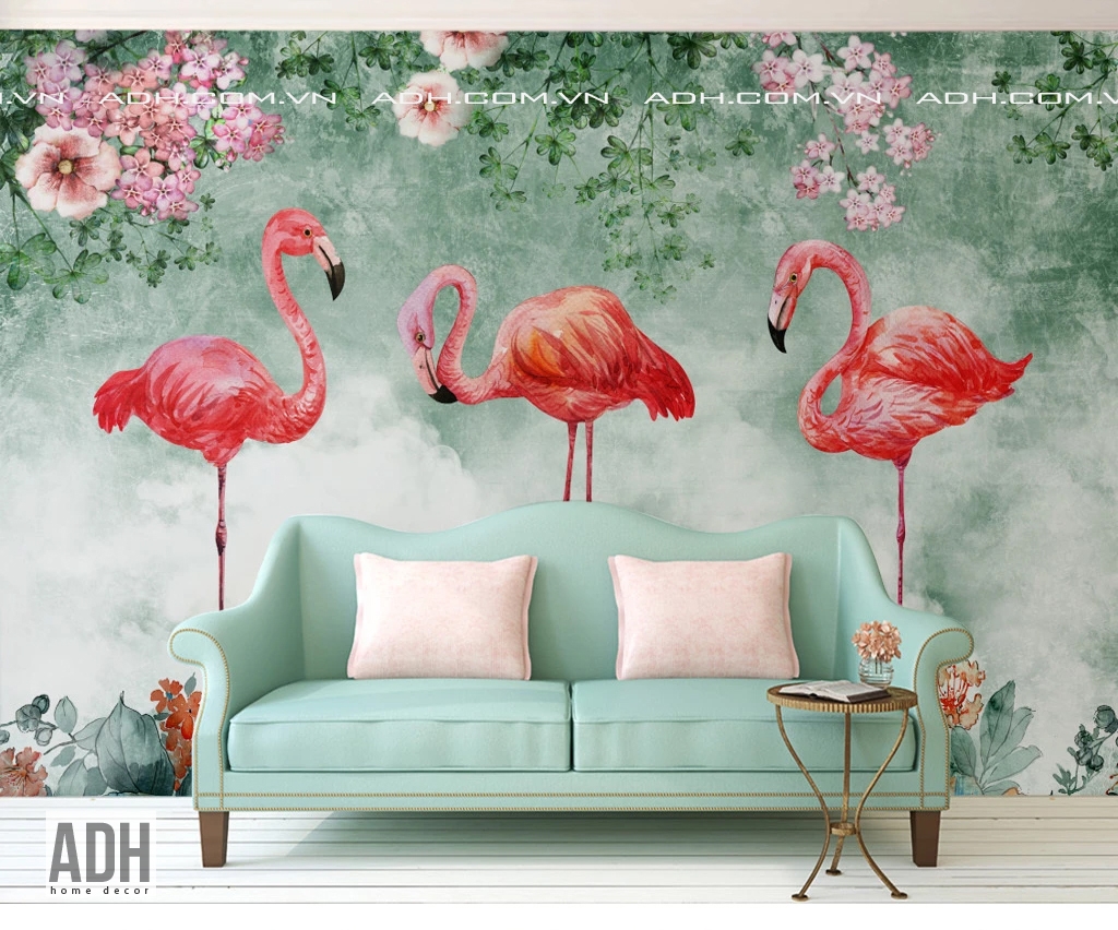 Tranh dán tường bộ ba hồng hạc flamingo ADH190920-03
