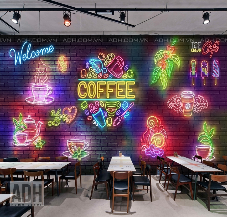 Tranh Dán Tường Cafe Đèn Neon