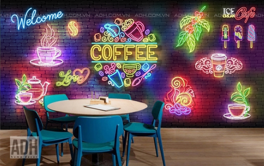 Tranh Dán Tường Cafe Đèn Neon