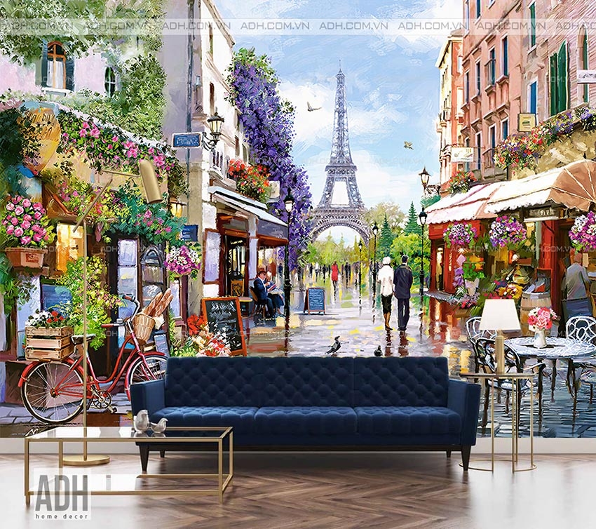 Tranh dán tường đường phố Paris và Tình yêu dưới tháp Eifel ADH-ART DREAM  HOUSE