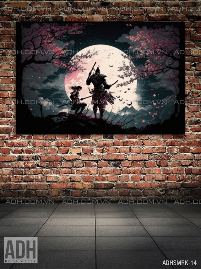Tranh khung treo tường Samurai dưới ánh trăng và hoa anh đào