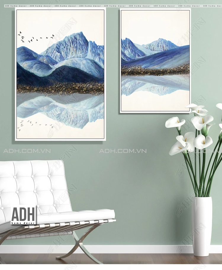Bộ 3 tranh canvas trừu tượng, phong cảnh núi xanh ADH00365