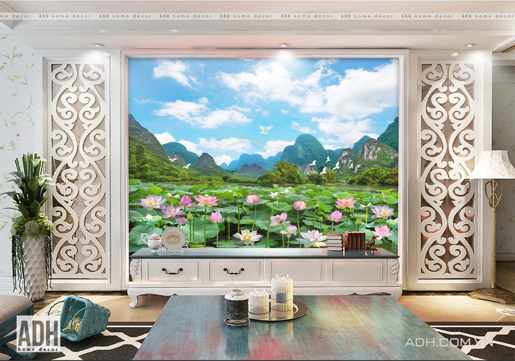 Tranh dán tường phong cảnh sông nước, hoa sen ADHW11112