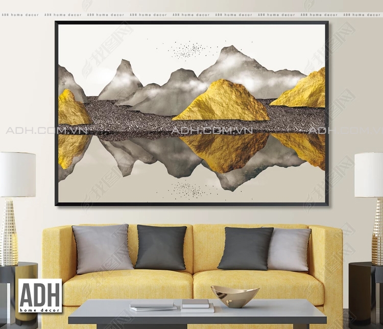 Tranh canvas trừu tượng phong cảnh núi non sông nước vàng xám ADH00753  ADH-ART DREAM HOUSE