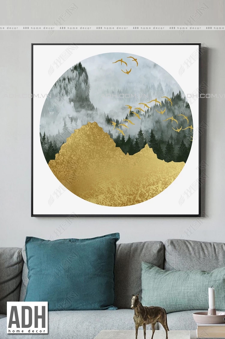 Tranh canvas trừu tượng phòng cảnh núi rừng, vàng ánh kim ADH00511