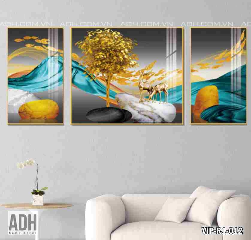 Bộ 3 Tranh Treo Tường Phong Cảnh Trừu Tượng Hươu Và Cây Vàng VIP-R1-012  ADH-ART DREAM HOUSE