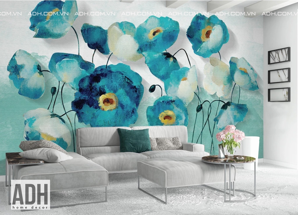 Tranh dán tường hoa poppy màu xanh ADH190822-35