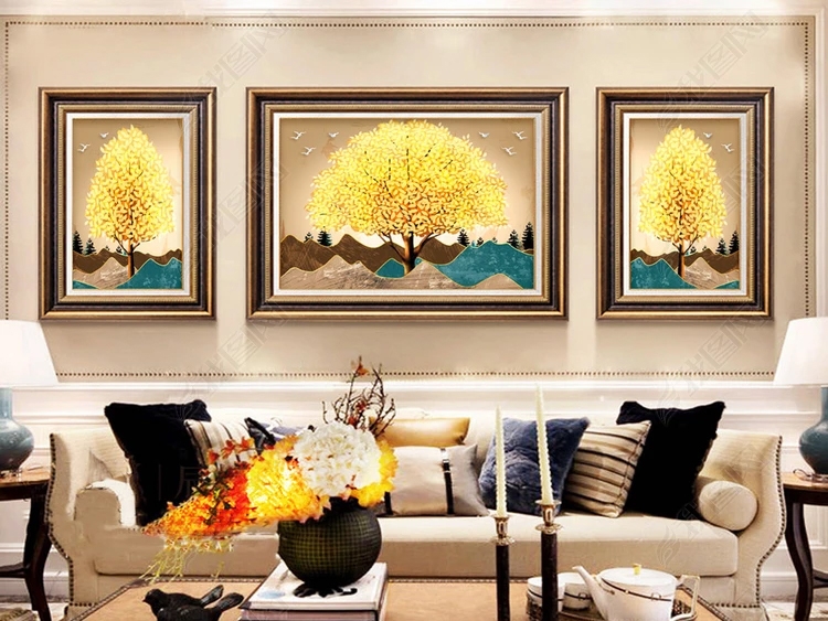 Bộ 3 tranh canvas hình cây hiện đại màu vàng ánh kim ADH00493