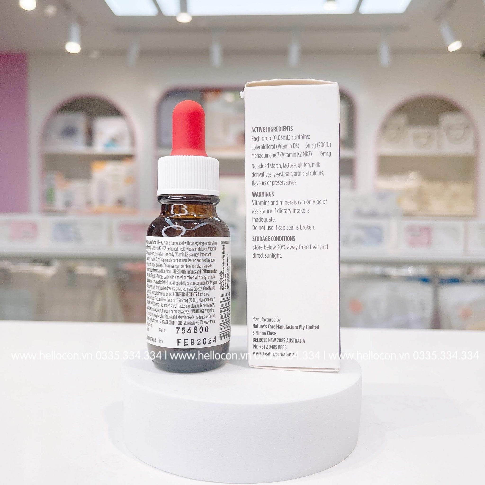 Vitamin D3 + K2 MK7 Úc Healthy Care cho trẻ sơ sinh 25ml