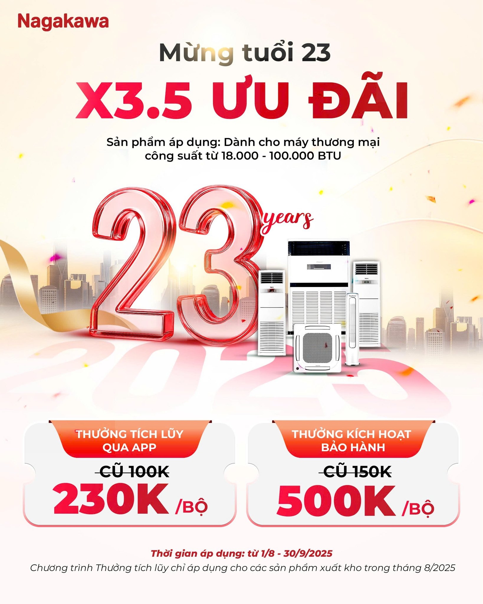 Nagakawa mừng tuổi 23 – Ưu đãi gấp 3.5 lần dành cho điều hòa thương mại