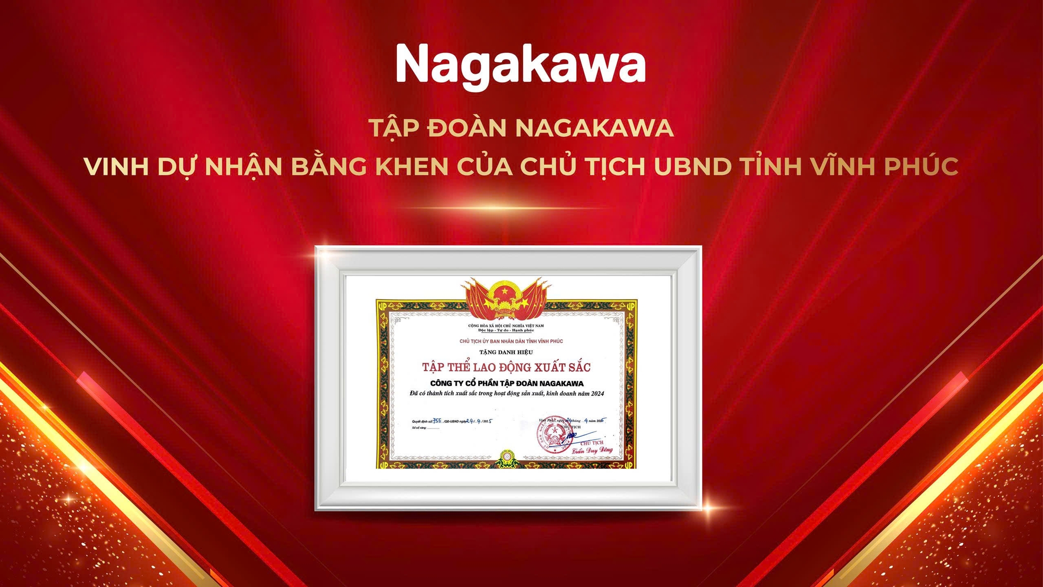 Tập đoàn Nagakawa vinh dự nhận bằng khen của Chủ tịch UBND tỉnh Vĩnh Phúc
