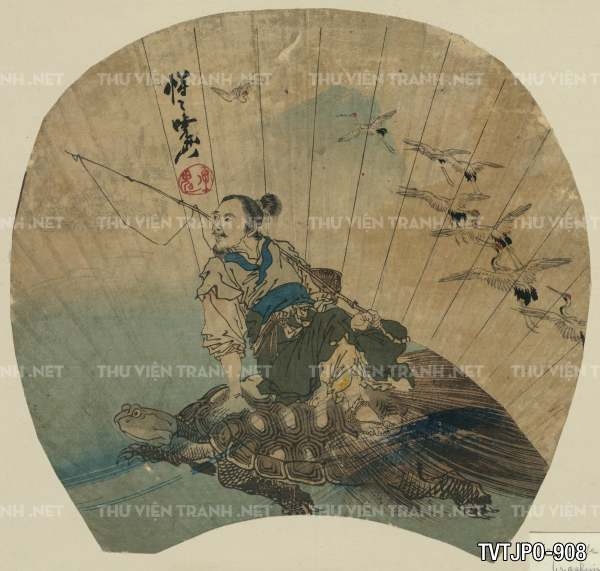 Ancient Japanese woodblock prints- Tranh Nhật Bản ngư ông cưỡi rùa