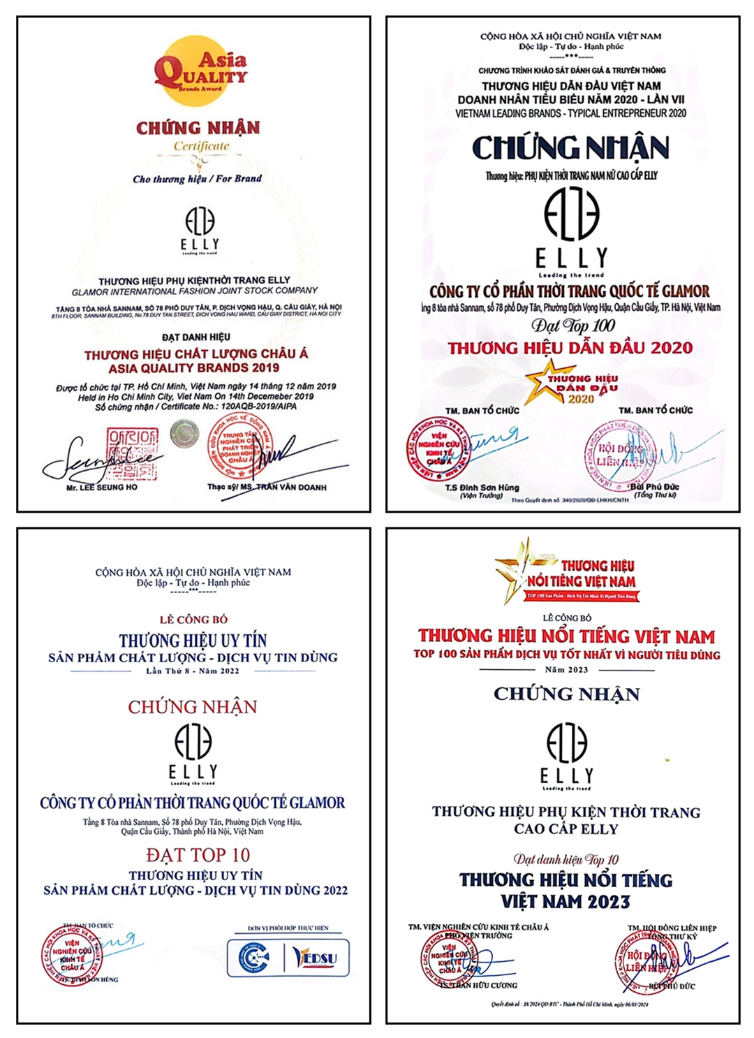 Trong suốt quá trình hoạt động, ELLY liên tục được các tổ chức, hiệp hội doanh nghiệp trao chứng nhận thương hiệu uy tín, sản phẩm chất lượng, dịch vụ tin dùng tại Việt Nam và Châu Á.