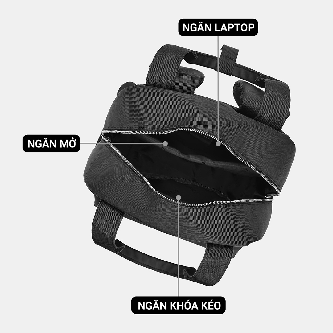 Balo có 1 ngăn chính lớn có khóa kéo: bên trong có các ngăn mở