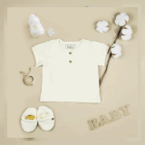 Quần áo trẻ em Bobicraft - Áo thun bé trai cổ viền tròn kem - Cotton hữu cơ organic an toàn