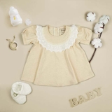 Quần áo trẻ em Bobicraft - Áo đầm phối ren viền tròn bé gái - Cotton hữu cơ organic an toàn