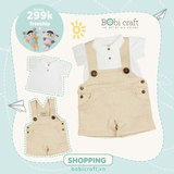 Quần áo trẻ em Bobicraft - Quần yếm bé trai màu nâu kem - Cotton hữu cơ organic an toàn
