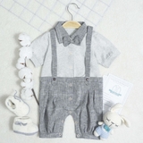 Quần áo trẻ em Bobicraft - Bộ đồ liền thân bodysuit Romper quần yếm bé trai linen xám - Cotton hữu cơ organic an toàn