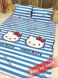 Bộ ga trải giường dạng chun xoa nhung Kitty Kẻ Xanh - Loại 1.8x2m