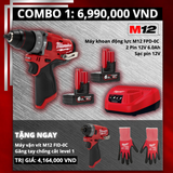 COMBO M12 MILWAUKEE MÁY KHOAN 3 CHỨC NĂNG M12 FPD VÀ MÁY BẮT VÍT M12 FID + 02 PIN M12 B6 + 01 SẠC PIN M12 C12C KÈM GĂNG TAY CHỐNG CẮT LEVEL 1