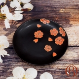 Đĩa Tròn Phi 15 cm Men Đen Vẽ Hoa Đào