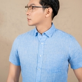 ÁO SƠ MI NAM LINEN TAY NGẮN PHỐI TÚI NGỰC XUẤT MỸ MÀU XANH DƯƠNG SM4511T3