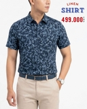ÁO SƠ MI NAM TAY NGẮN VẢI LINEN HỌA TIẾT LÁ CÂY MÀU XANH NAVY SM60704D7