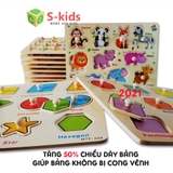 Đồ chơi gỗ S-Kids Combo 11 bảng ghép hình núm gỗ kèm bút, 2 mặt có bảng trắng, song ngữ Anh - Việt cho bé 3-6 tuổi
