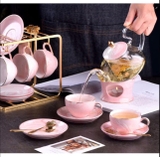 Bộ Ấm Chén Sứ Cao Cấp Màu Hồng Pastel - Phong Cách Hoàng Gia