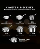 Bộ nồi inox Ciwete SS0103-11PC NEW-SS set 7 món ( 2 chảo inox, 1 quánh, 1 nồi chảo, 2 nồi, 1 xửng hấp)