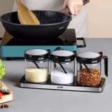 Set 3 hũ đựng gia vị thủy tinh CCKO có tay cầm kèm khay