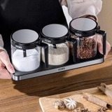 Set 3 hũ đựng gia vị thủy tinh CCKO có tay cầm kèm khay