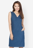 Đầm suông Lovadova màu jean cổ V