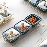 Bộ dĩa đựng bánh kẹo bằng gốm và khay kim loại