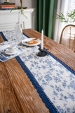 Khăn trải bàn table runner hoa xanh dương viền đăng ten 36x140 / 33x220 cm