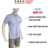 Áo sơ mi nam tay ngắn Owen AB250080NT màu xanh tím dáng suông Body fit tà bằng có túi chất liệu bamboo poly