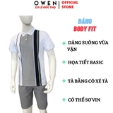 Áo thun polo Nam Tay Ngắn Có Cổ Owen APV253609 màu trắng phối xanh xám Dáng suông body fit tà bằng xẻ tà chất liệu cotton