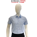 Áo Sơ mi nam tay dài Owen AR250347DT màu xanh nhạt kẻ caro dáng suông regular fit tà lượn có túi chất liệu bamboo spandex