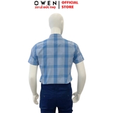 Áo Sơ Mi Nam Tay Ngắn Owen AB230244NT màu xanh caro lớn dáng body fit tà bằng có túi chất liệu bạc hà
