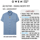 Áo Sơ Mi Nam Tay Ngắn Owen AB230695NT Màu kẻ caro xanh trắng dáng suông tà bằng có túi chất liệu sợi tre