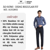 Áo Sơ Mi Nam Dài Tay Aristino ALS12802 màu xanh than kẻ trắng dáng suông regular fit tà lượn có túi ngực chất liệu sợi tre